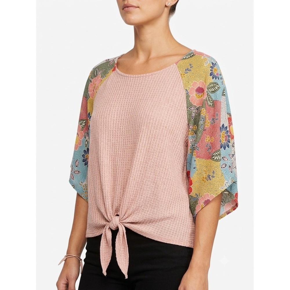 Floral Patchwork Tie Front Waffle Knit Festival Bohemian Hipster Pink M